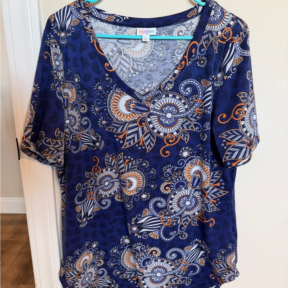 LuLaRoe Floral V-Neck Top - Navy and Orange